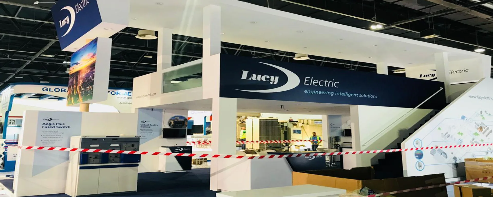 Exhibition stand with stage and audio visual setup in Dubai